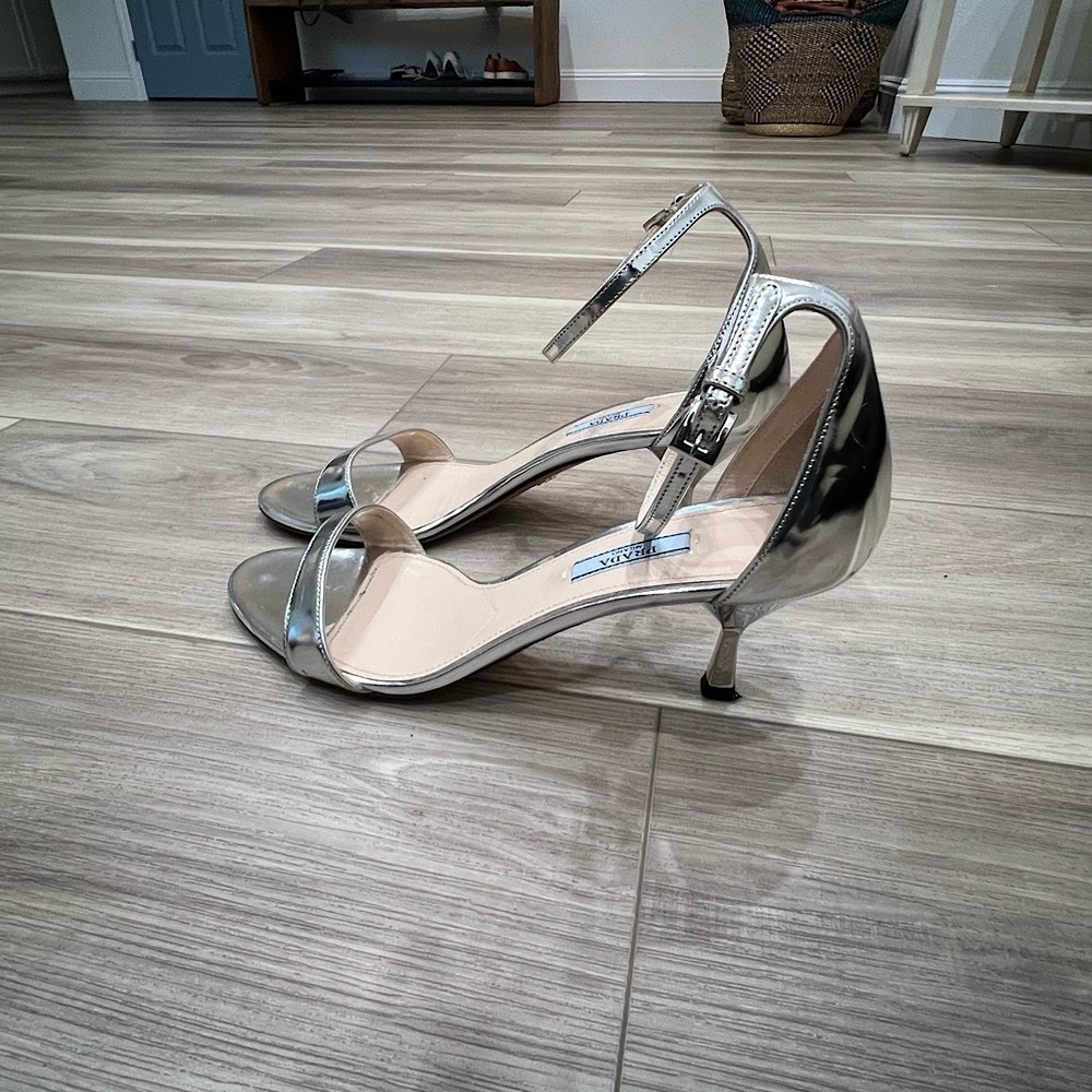 Prada Metallic Silver Open-Toe Ankle-Strap Heels